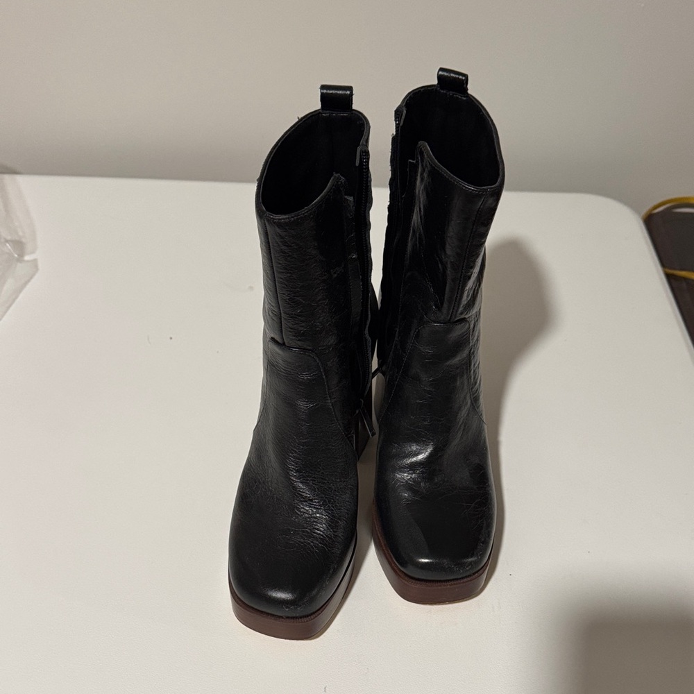 Marc Fisher Black Mid-Calf Square-Toe Leather Boots